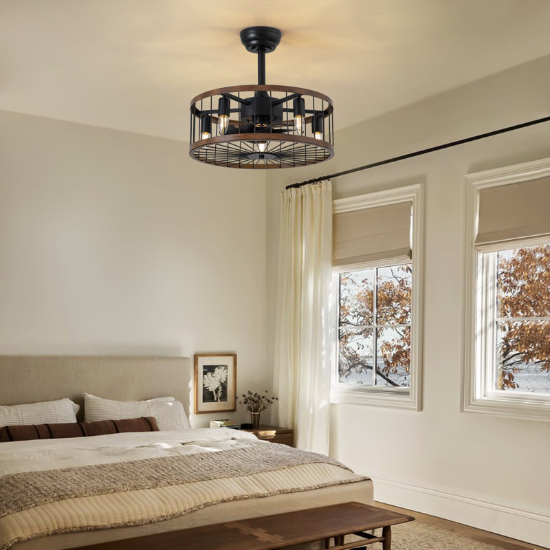 Buffy 20" Farmhouse Caged Ceiling Fan with Light Kit and Remote Control Included, Black/Dark Brown