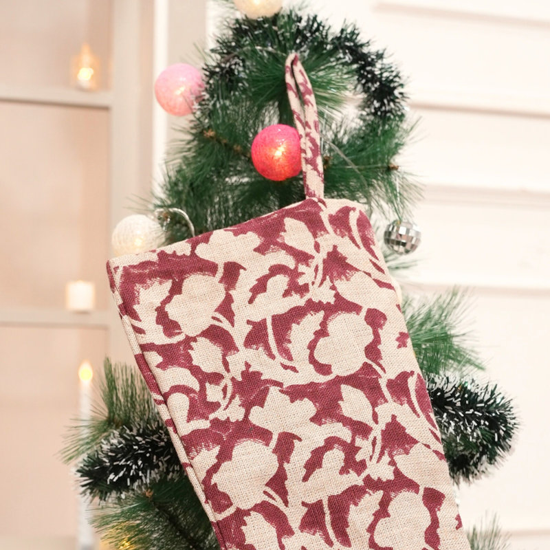  Chaussette de Noël en lin faite à la main à imprimé bloc de Noël, H 16 po x l 6,5 po