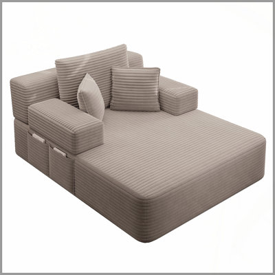 Luxueuse chaise longue en velours côtelé moelleux avec 3 coussins, canapé-lit convertible avec poche de rangement, conception sans cadre et mousse de compression pour les petits espaces, salon, appartement, café