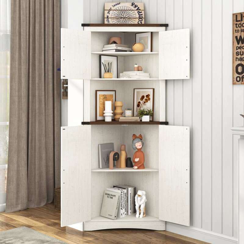 68" Corner Kitchen Pantry With 4 Doors And Adjustable Shelves, White
