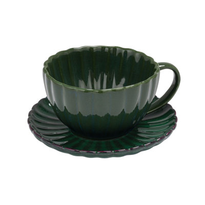 Tasse en grès nervuré avec soucoupe en glacis réactif