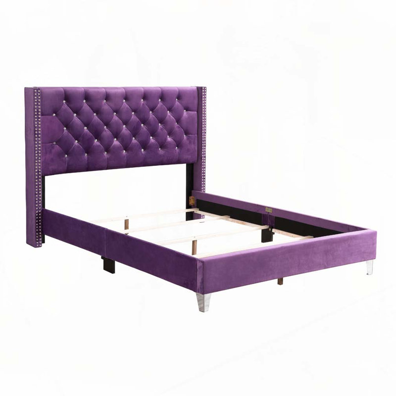 Lit rembourré en velours avec tête de lit capitonnée, Mauve, Lit double