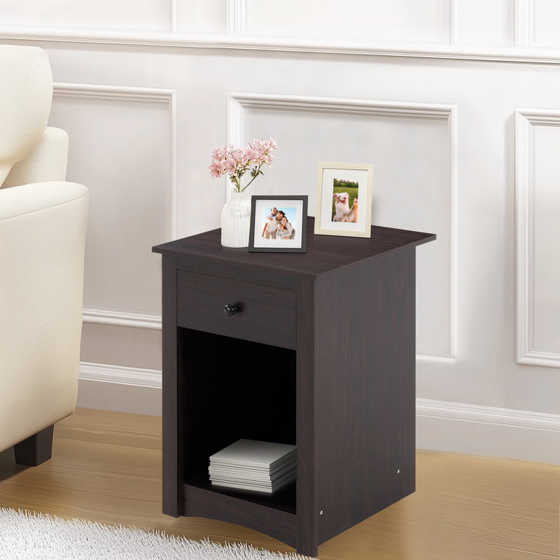 Beachmont Wooden End Table with Drawer and Shelf, 2 Tier Side Table Storage Cabinet for Bedroom, Home Office, Espresso