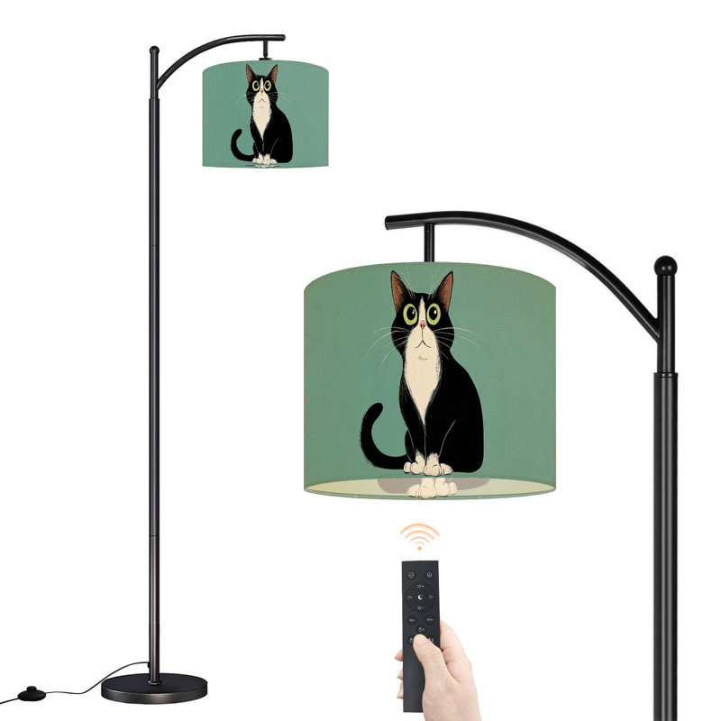 Lampe sur pied à arc avec abat-jour réglable, chat tuxedo, chat noir, noir, blanc, fantaisiste, lampe sur pied, 3 couleurs, intensité variable, haut, poteau avec interrupteur au pied pour la chambre à coucher