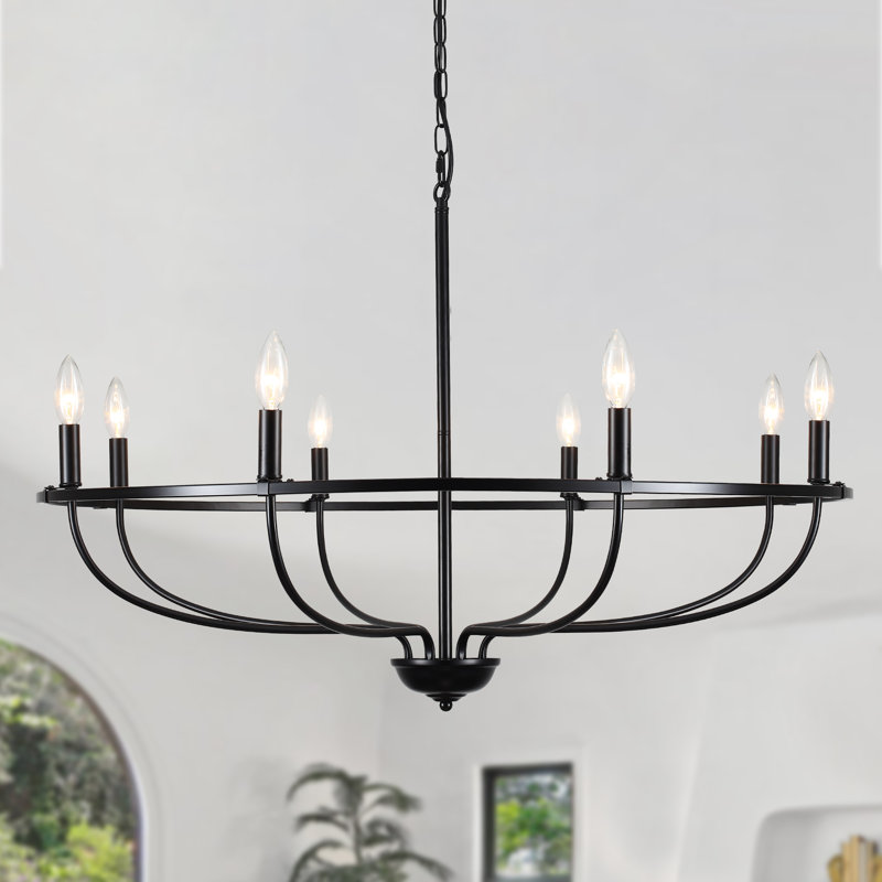 Thorgard 8-Light Wagon Wheel Chandelier, Dimmable Rustic Industrial Farmhouse Light Fixture in Iron for Kitchen Island, Dining Room, Lodge