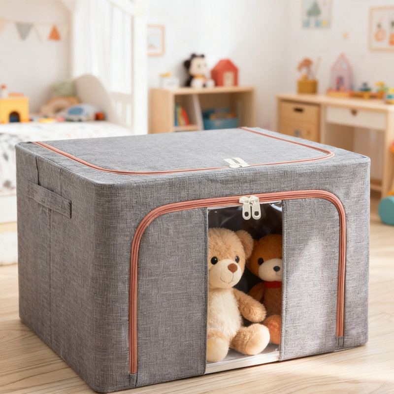 1 Piece Fabric Organizer, 66L with Clear Window and Double Handles for Clothes, Bedding and Toys, Gray