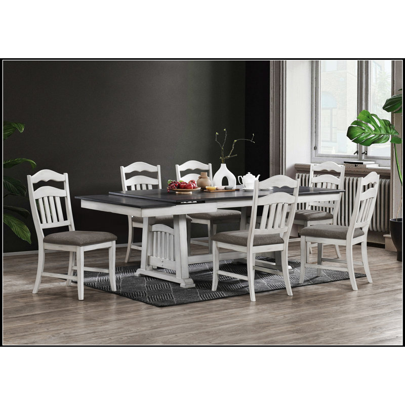 Ensemble de salle à manger 7 pièces blanc antique avec table extensible et chaises à dossier échelle pour une élégance classique