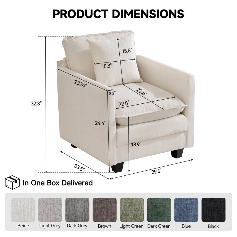 Chaise d'appoint moderne 1 place 29,5 po avec siège profond, coussin décoratif et revêtement en chenille douce 29,5 po Cloud