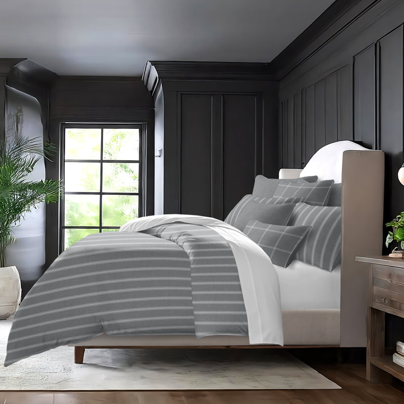 Shay Broad Ticking Stripe Gray Cotton Duvet Cover Set  8 Piece, King Duvet Cover + 7 Additional Pieces