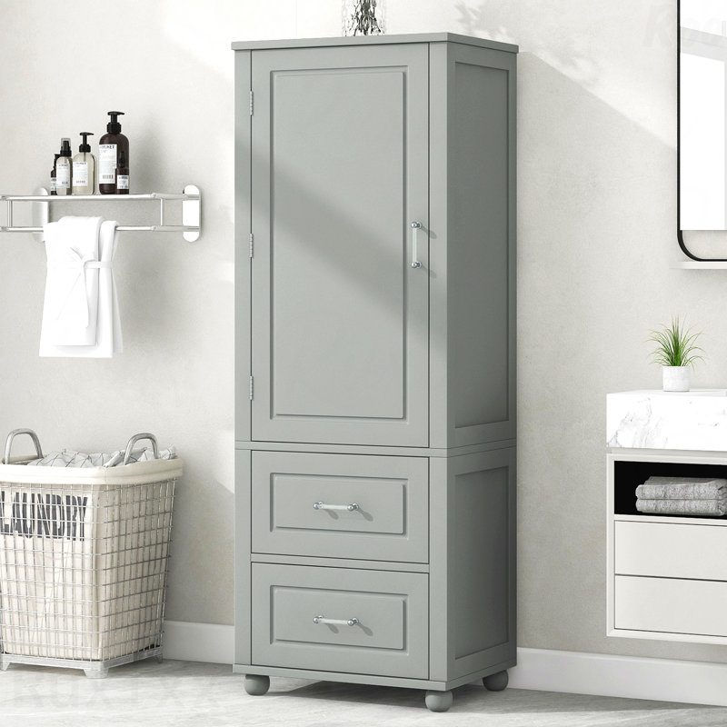 Tall Bathroom Storage Cabinet, Freestanding Storage Cabinet With Two Drawers And Adjustable Shelf, Mdf Board With Painted Finish, Grey