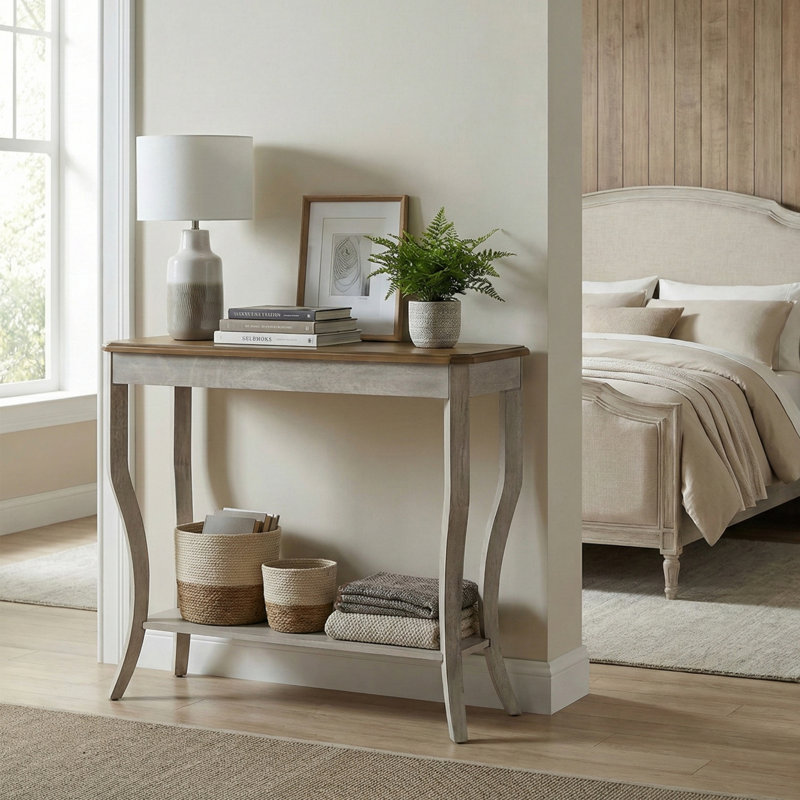 Locke 35.4 Solid Wood Console Table with Shelf, Antique Oak/Antique White