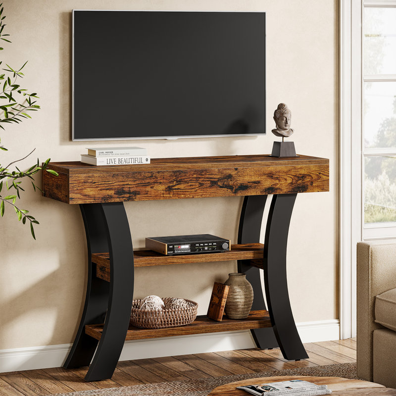 Console de 41 po avec tablettes de rangement et cadre incurvé, Noyer / noir