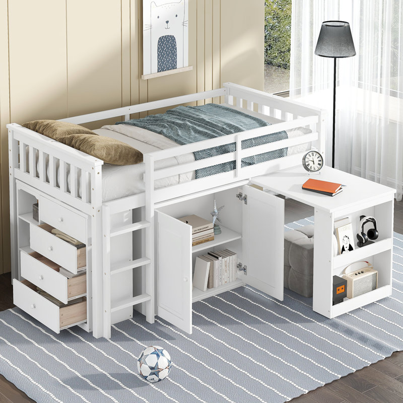 Lit mezzanine simple peu encombrant avec bureau intégré et armoire de rangement, Blanc