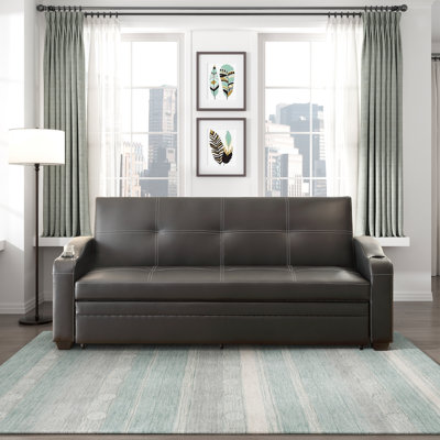 82.5" Modern & Contemporary Elegant Lounger with Faux Leather Upholstery, Integrated Pull-Out Sleeper & Built-in Armrest Cup Holders