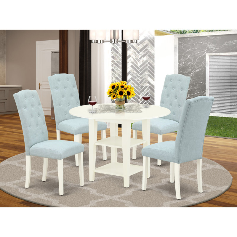 5 Piece Dining Room Furniture Set Includes a Round Dinner Table with Dropleaf & Shelves and 4 Baby Blue Linen Fabric Parson Chairs, Linen White