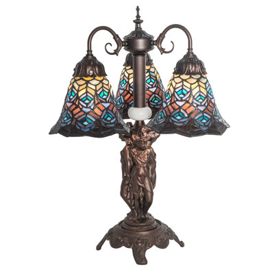 23" High Tiffany Peacock Feather 3 Light Table Lamp
