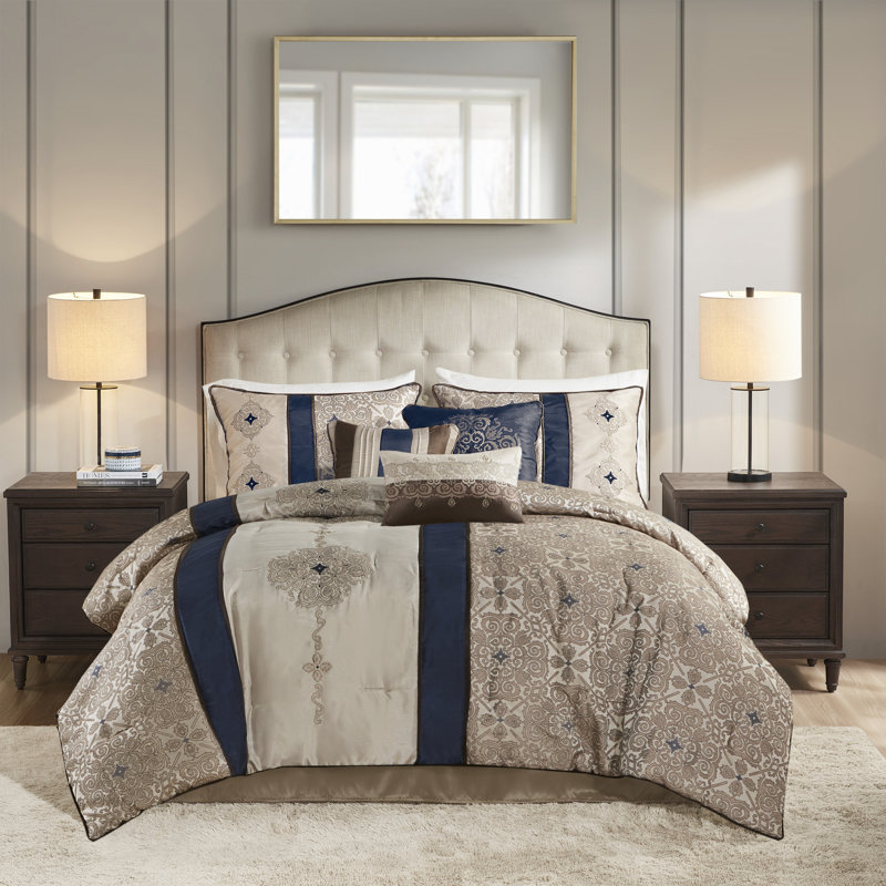 Ensemble d'édredon en jacquard avec coussins 7 pièces Donovan, Édredon de grande taille et 6 pièces supplément, Bleu marine