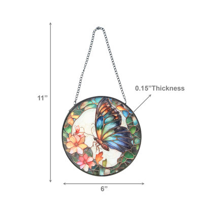 6" Stained Glass Suncatcher Butterfly With Flowers