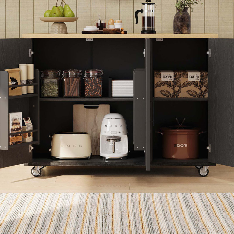 Îlot de cuisine 51,2 po à motif sergé rayé et texturé avec abattant, îlot de cuisine sur roulettes avec support de rangement interne, chariot de cuisine roulant avec porte-serviettes pour la cuisine, noir