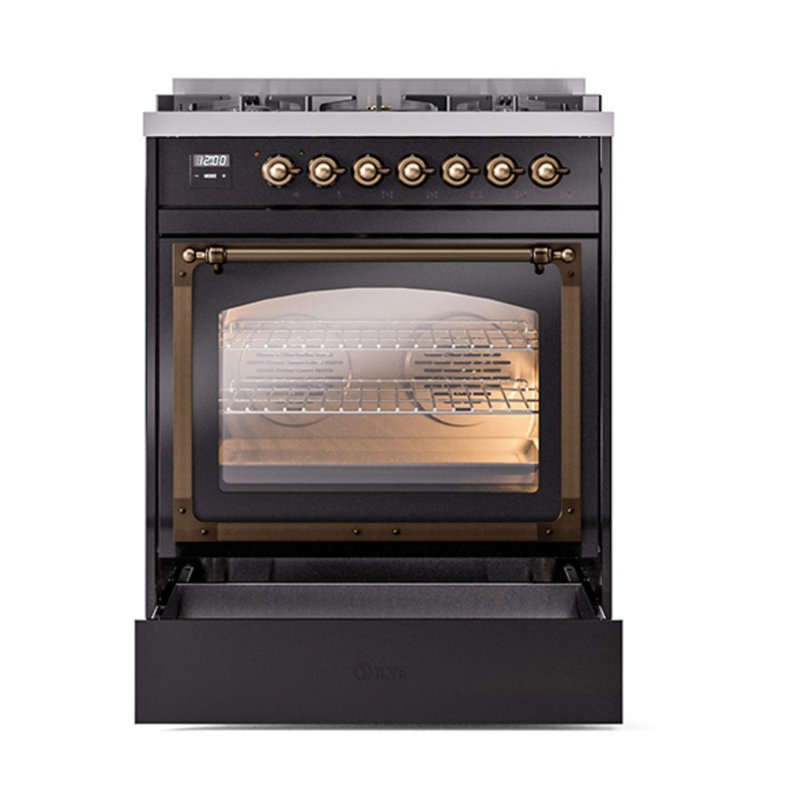 ILVE Nostalgie II Noblesse 30 in Dual Fuel Range, Glossy Black/Bronze, Natural Gas