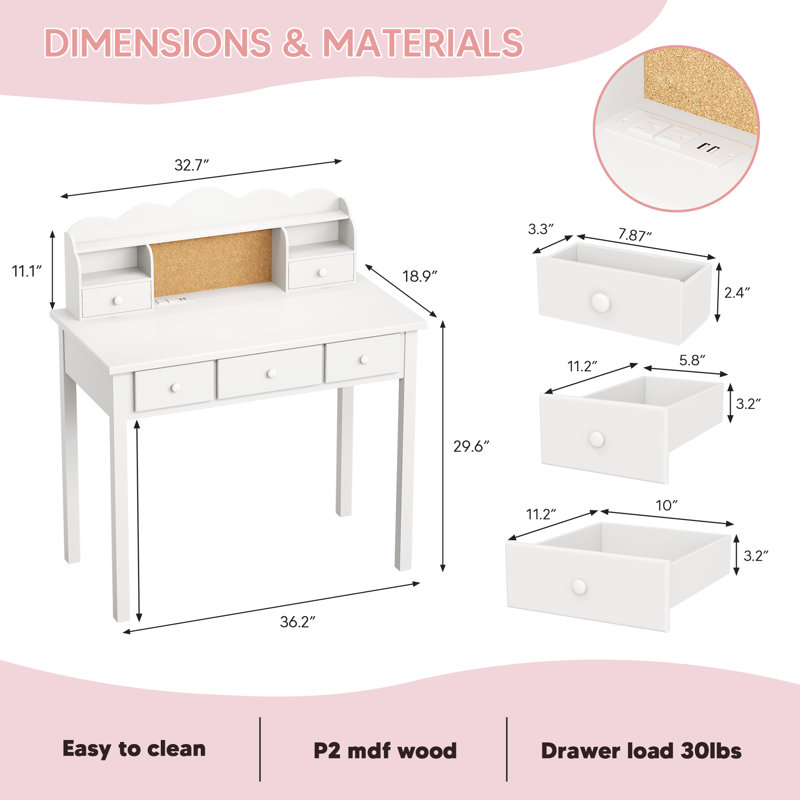 Bureau d'écriture 36,2 "en bois massif avec 3 prises de courant, Blanc