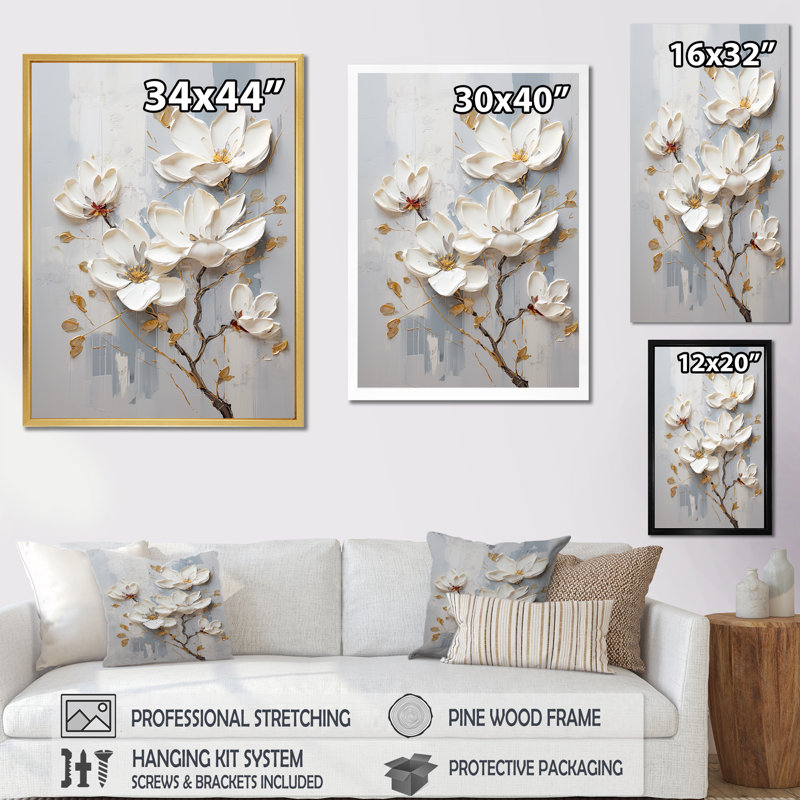 «Magnolias I» bleu et blanc sur toile, Cadre naturel flottant, H 20 po x l 12 po x P 1 po