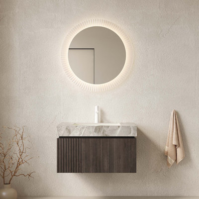 Meuble-lavabo 30 po, armoire de rangement en contreplaqué flottant avec tiroir et porte, comptoir en pierre frittée gris clair et lavabo en céramique avec 1 trou de robinet pré-percé, pré-assemblé