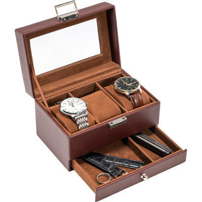 Watch Box Display Case with Glass Lid and Drawer, 3 Slots 2-Layer Jewelry Organizer Storage Holder, Holiday Christmas Gift