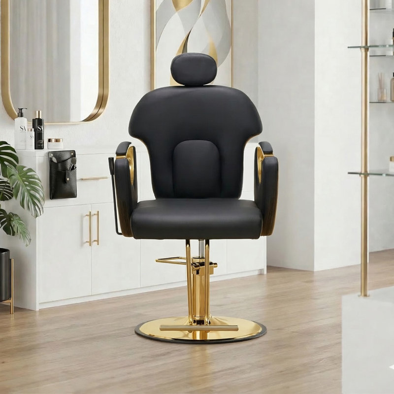 Fauteuil de salon moderne pour salon de coiffure, Similicuir noir, Doré