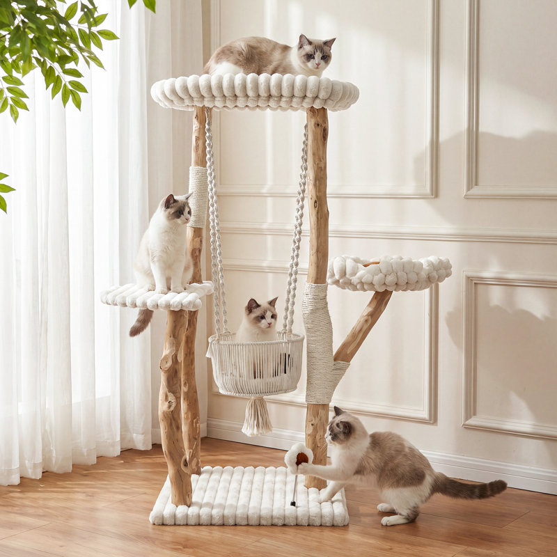 Arbre à chat en bois massif de 52 pouces avec poteaux à griffer, tour à chat avec panier pivotant, coussin lavable, jouet suspendu
