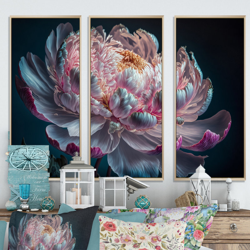 «Blossoming Pink and White Peony IV», reproduction de cadre flottant sur toile 3 pièces, Encadré naturel