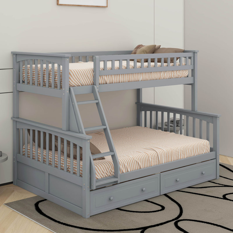 Twin Over Full Bunk Bed With Drawers, Gray