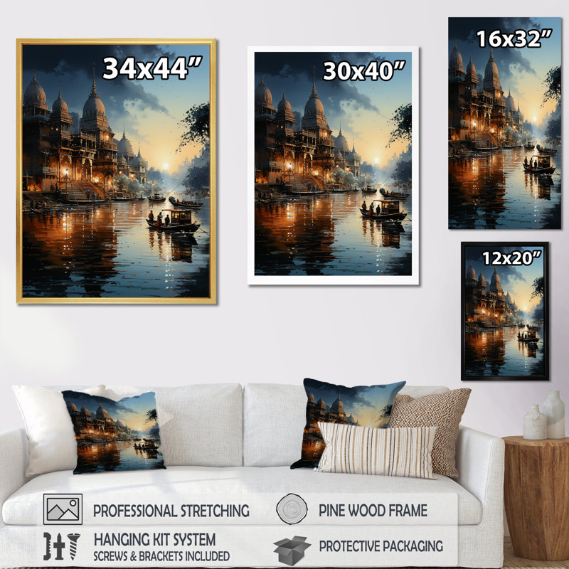 Hindouisme divin, rivière Ganges I, reproduction d'art sur toile, H 40 po x l 30 po x P 1,5 po, Cadre simple noir