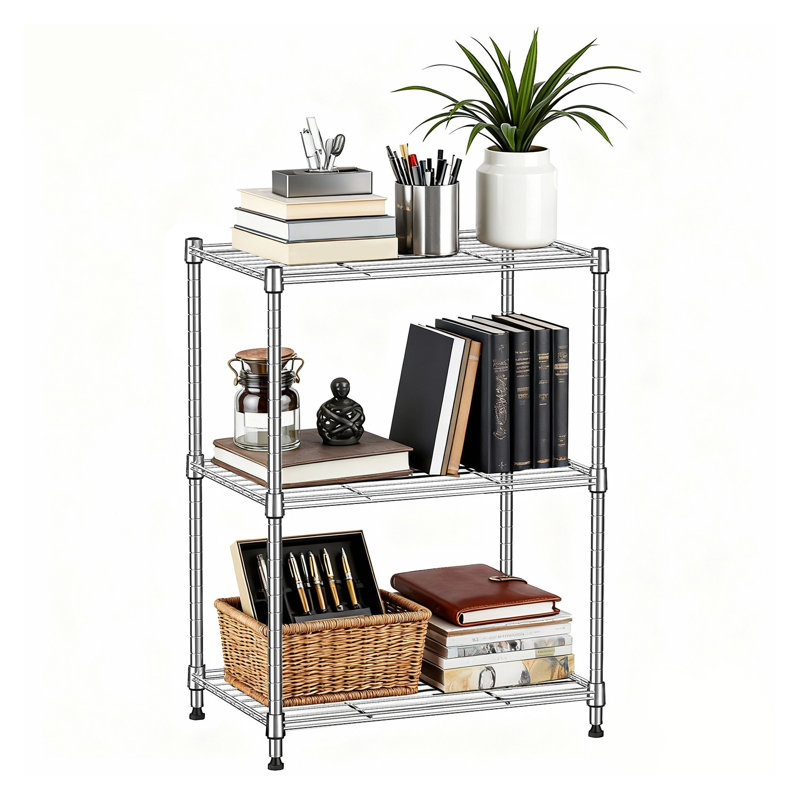 Étagère de rangement grillagée à 3 niveaux d'une capacité de 450 lb, organisateur utilitaire en acier chromé pour la cuisine, le garage, le bureau - P 11,8 po x l 17,7 po x H 26,4 po
