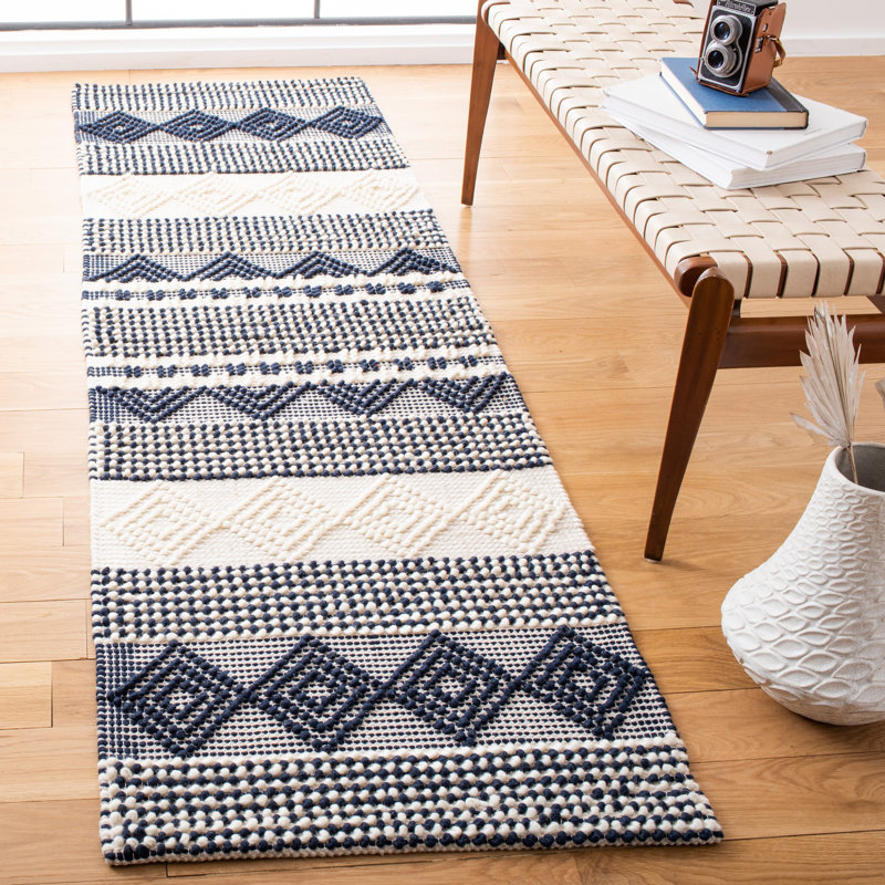 Southwestern Hand Woven Wool/Cotton Southwestern Rug, Dark Navy/Ivory, Runner 2'3" x 6'