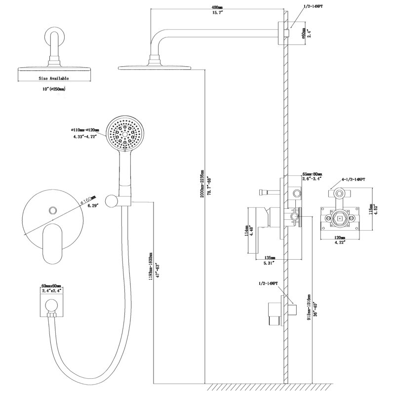 Pomme de douche en nickel brossé 10 po - Fixation murale double avec pluie et 5 réglages à main, trousse de nettoyage facile à installer, réglages de pluie, installation