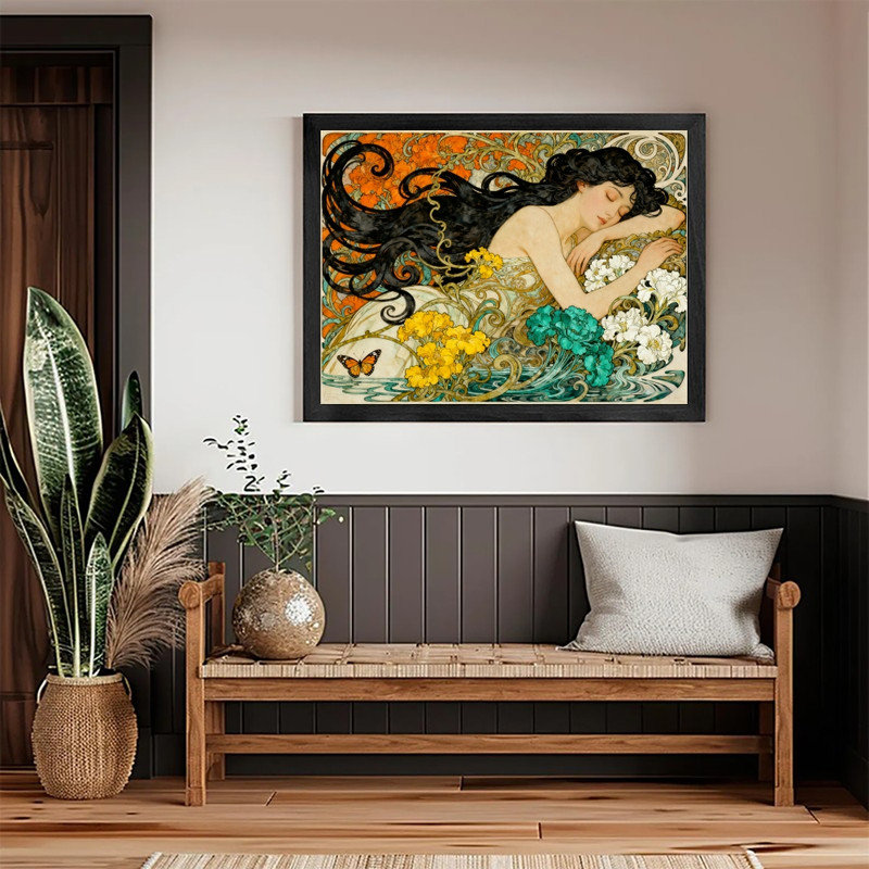 «Black Gustav Klimt», art abstrait avec femme et fleurs, H 37 po x l 25 po