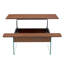 Table basse à plateau relevable avec finition grain de bois foncé et structure de pieds stable, pieds en verre trempé, solution de rangement utile