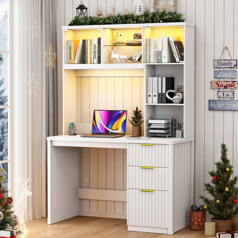 Modern Computer Desk With Pull-out Desk Lamp And Smart Led Lighting, White
