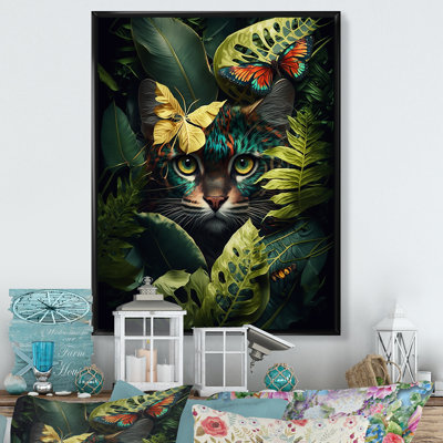 Joli chat avec papillon dans les buissons de la jungle III - animaux, art mural sur toile