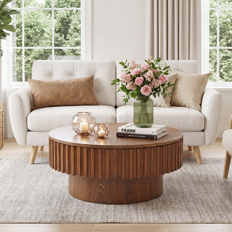 Table basse cylindrique en bois massif avec couvercle amovible et rangement caché pour le salon