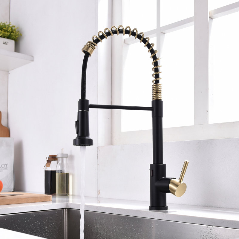 FLG Pull Down Touchless Kitchen Faucet, Black/Gold