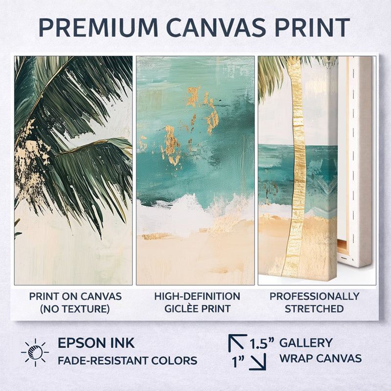 Toile de plage tropicale, art mural feuille de palmier, Mitchel, Cadre flottant doré, H 28 po x l 60 po