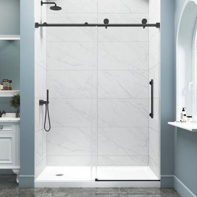 55"-60" W x 72" H Single Sliding Frameless Shower Door in Matte Black with 1/4" (6mm) Clear Tempered Glass, Aluninum Frame, Large Handle