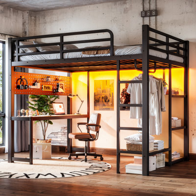 Full Loft Bed with Storage Shelves and Desk, Metal Loft Bed with USB Ports, Lights, and Hanging Rod, Cave Board Design, Black