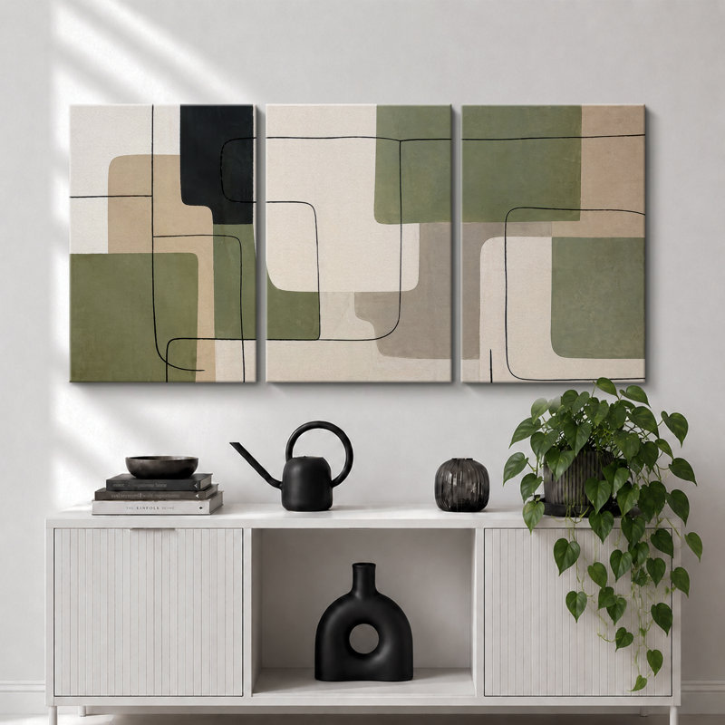 «Sage Green», art géométrique moderne, images de bureau, impression sur toile encadrée, 3 pièces, 24" H x 48" W x 1.5" D