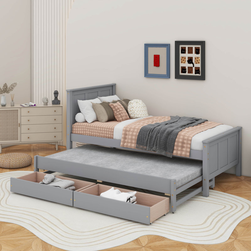 Lit plateforme simple avec tiroirs et lit gigogne, Gris