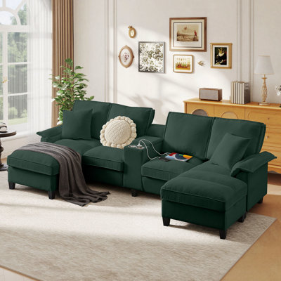 Clitheroe 121.2" U-Shaped Corduroy Modular Sectional Sofa with Dual Chaise Lounges, Hidden Storage and Cup Holders, Built-in USB Port