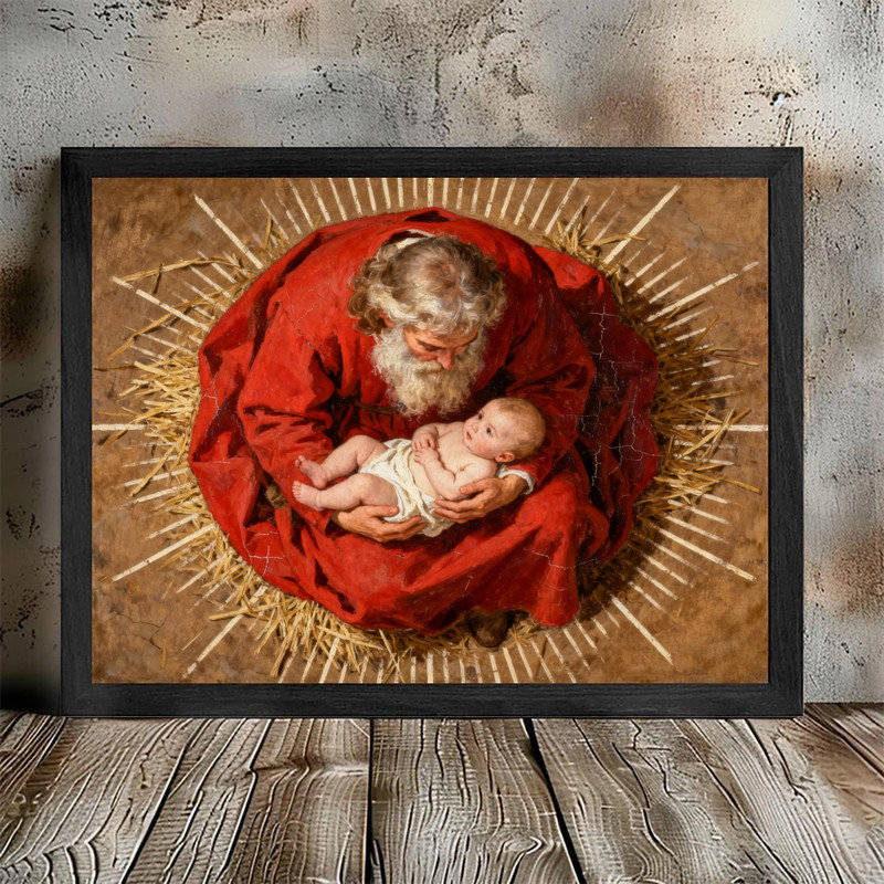 Art mural rétro noir avec père Noël - impression de décorations de crèche de Noël rustique sacrée, H 11 po x l 9 po