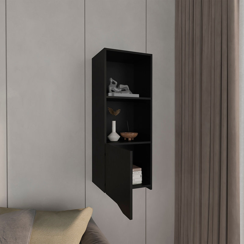 Obregon 43" Tall One-Door Wall Cabinet  With Two Open Shelves, Medicine Cabinet, Black